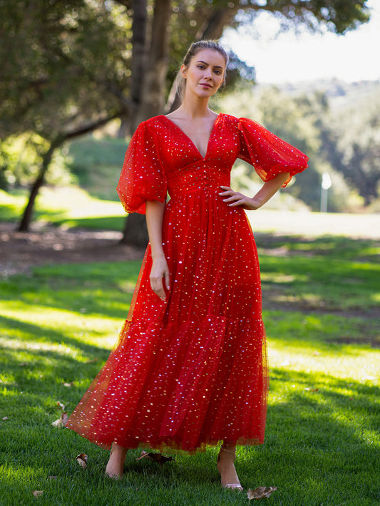  V-neck Glitter Tea Length Tulle Prom Dress - Prom Dresses - DYAVOR® 