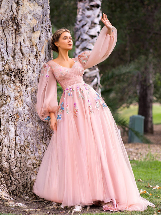  V-neck Embroidery Sequin Floor Length Tulle Prom Dress - Prom Dresses - DYAVOR® 