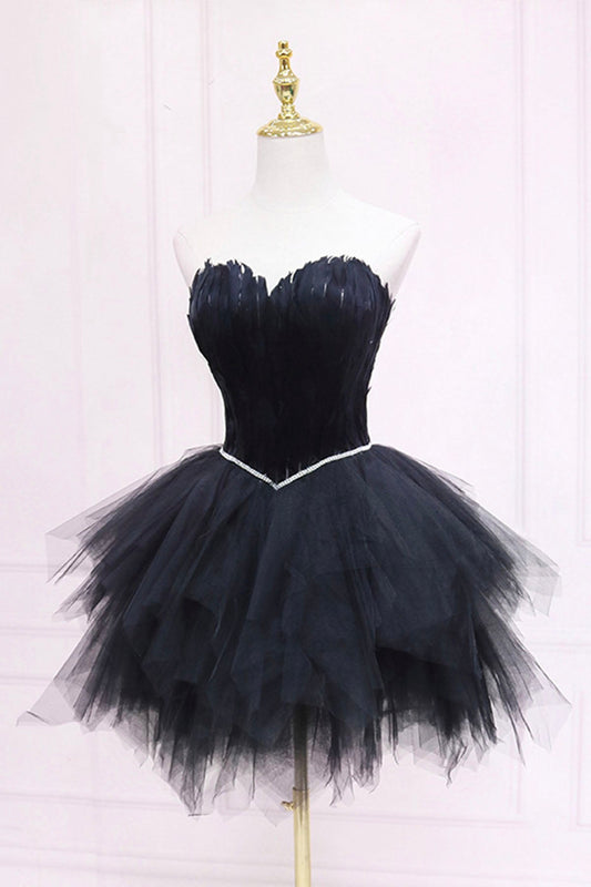 Ila | Black Tulle Short Prom Dress with Feather, A-Line Sweetheart Neckline Party Dress - Prom Dress - DYAVOR® 