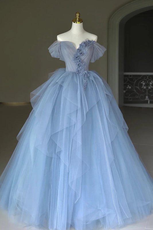  Kyra | Blue Tulle Floor Length Prom Dress, Off the Shoulder Evening Dress with 3D Flowers - Prom Dress - DYAVOR® 