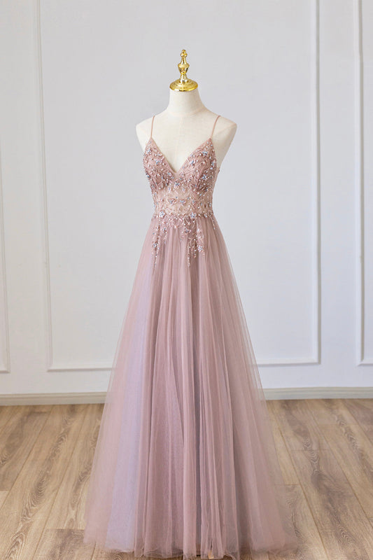  Yareli | Pink Tulle Long A-Line Prom Dress, Pink Spaghetti Formal Dress with Beaded - Prom Dress - DYAVOR® 