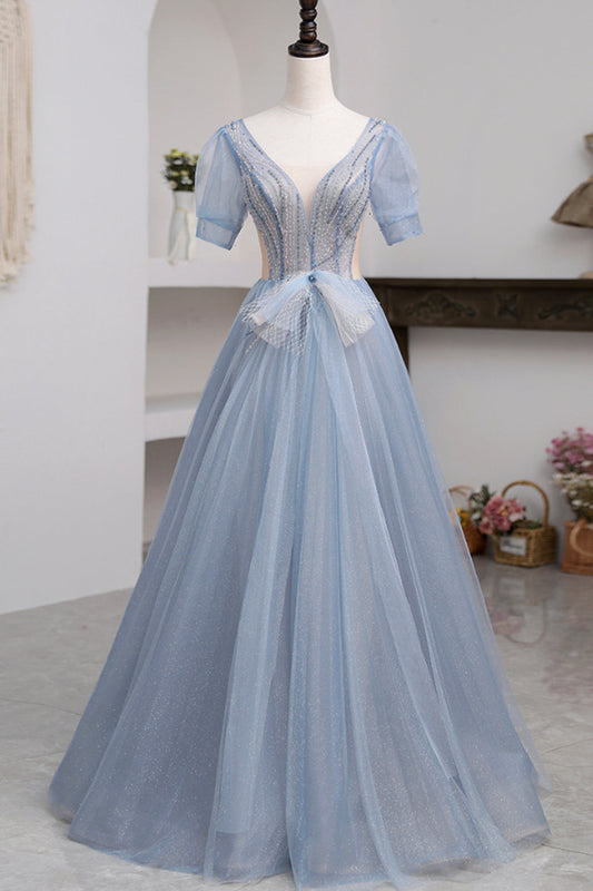  Khaleesi | Blue Short Sleeve Tulle Floor Length Prom Dress with Beaded - Prom Dress - DYAVOR® 