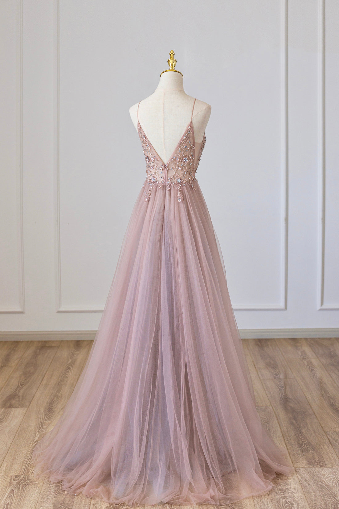  Yareli | Pink Tulle Long A-Line Prom Dress, Pink Spaghetti Formal Dress with Beaded - Prom Dress - DYAVOR® 