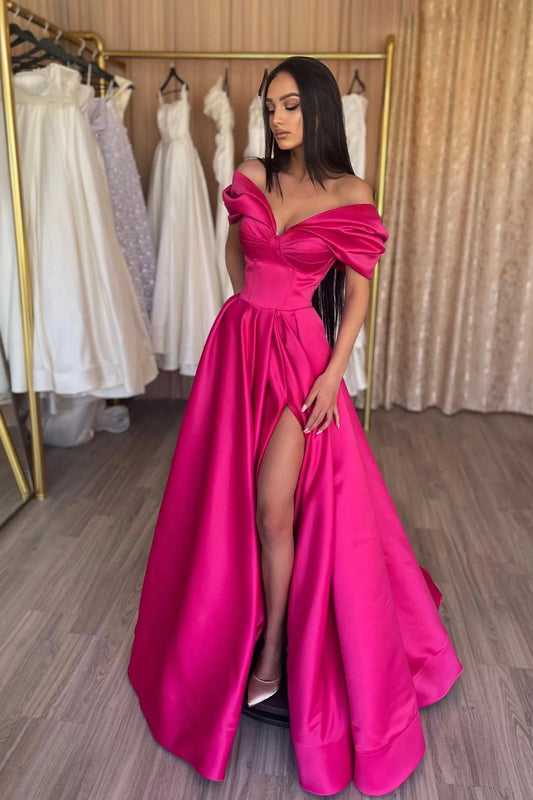  Murphy | Stylish A-Line Off the Shoulder Satin Long Prom Dress, Hot Pink Satin Pleats Evening Dress with Slit - Prom Dress - DYAVOR® 