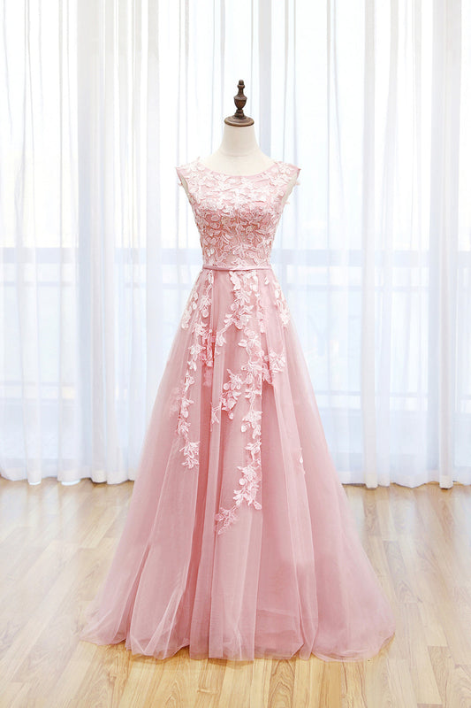  Irene | Pink Tulle Lace Long Prom Dress, Lovely A-Line Open Back Evening Dress - Prom Dress - DYAVOR® 