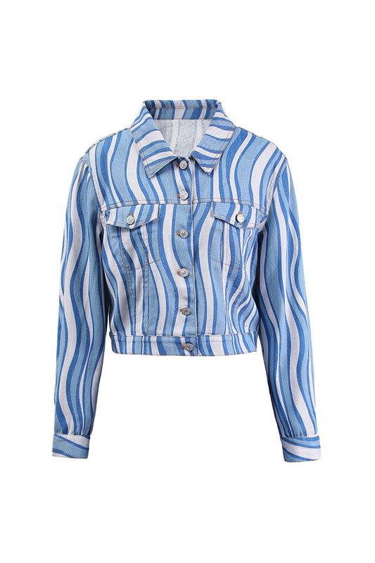  Vintage Contrast Wave Print Point Collar Button Down Cropped Denim Jacket - Denim - DYAVOR® 
