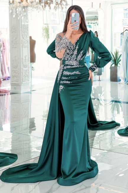  Vintage V-neck long sleeves column mermaid Prom dresses with ruffles - Prom Dresses - DYAVOR® 