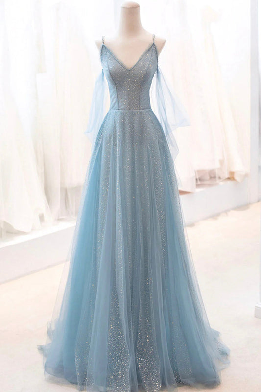  Kathryn | Dusty Blue Sparkly Tulle Long Prom Dress, A-Line Spaghetti Strap Evening Dress - Prom Dress - DYAVOR® 
