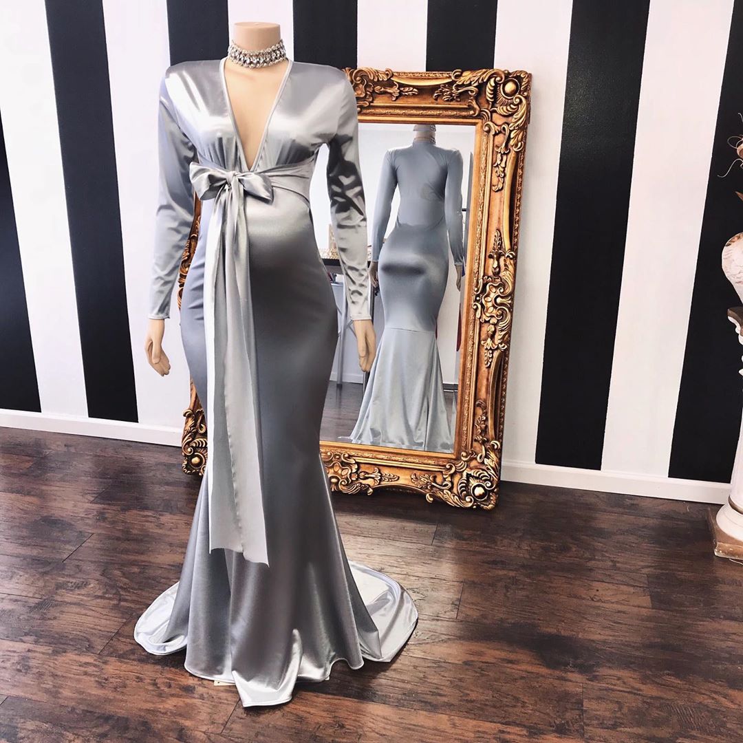  Vneck Long Sleeves Silky Ribbons Floor Length Maternity Dresses - Prom Dresses - DYAVOR® 