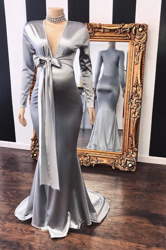  Vneck Long Sleeves Silky Ribbons Floor Length Maternity Dresses - Prom Dresses - DYAVOR® 