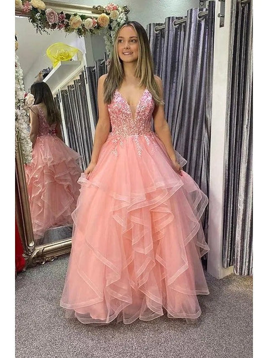  Nanalia | A-Line Prom Dresses Princess Dress Formal Floor Length Sleeveless V Neck Tulle Backless with Pleats Appliques - Prom Dress - DYAVOR® 