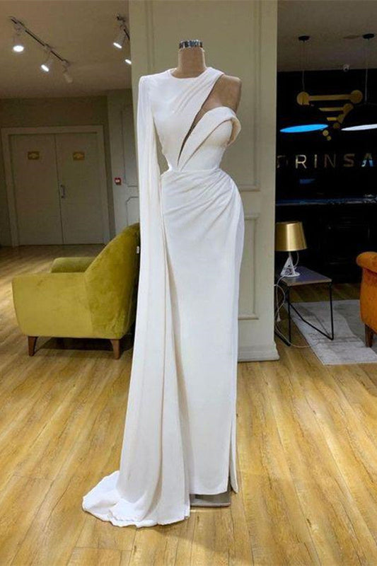  White One Shoulder Satin Mermaid Prom Dress High Neck slim Evening Maxi Dress - Prom Dresses - DYAVOR® 