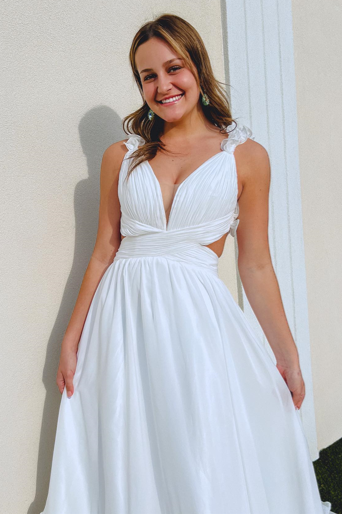  White Ruffle Straps Pleated Cut-Out Deep V Long Prom Dress - Prom Dresses - DYAVOR® 