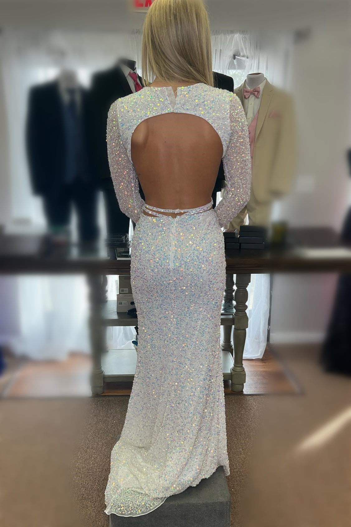  White Sequins Mermaid Long Sleeves Cut-Out Long Prom Dress - Prom Dresses - DYAVOR® 