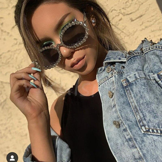  Women's Crystal Rhinestone Gold Champagne Metal Frame Oval Sunglasses on Clearance - Women Sunglasses - DYAVOR® 
