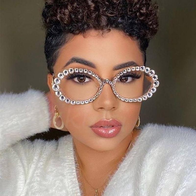  Women's Crystal Rhinestone Gold Champagne Metal Frame Oval Sunglasses on Clearance - Women Sunglasses - DYAVOR® 