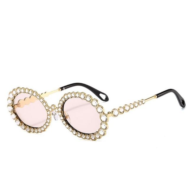 Women's Crystal Rhinestone Gold Champagne Metal Frame Oval Sunglasses on Clearance - Women Sunglasses - DYAVOR® 