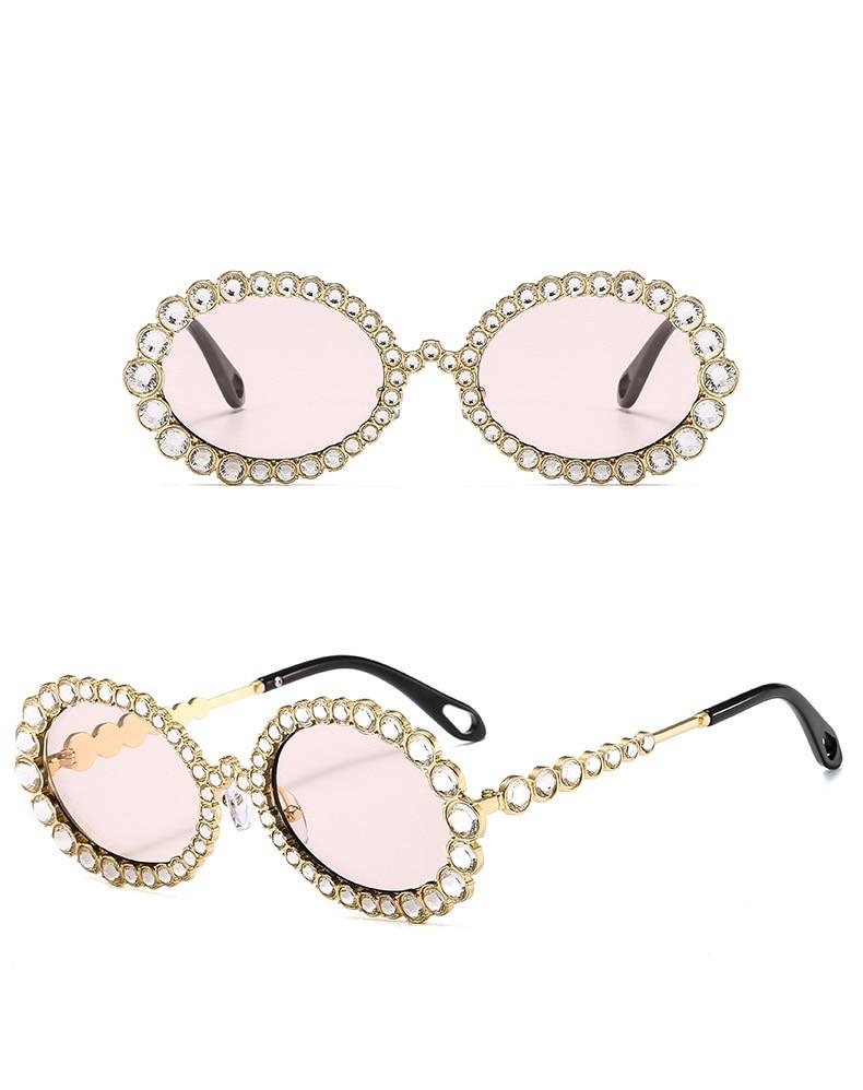  Women's Crystal Rhinestone Gold Champagne Metal Frame Oval Sunglasses on Clearance - Women Sunglasses - DYAVOR® 