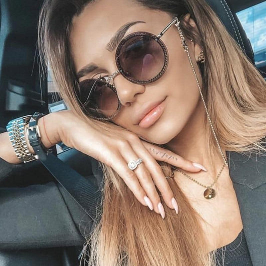  Women's Luxury Metal Chain Round Oversized Fashion Sunglasses - Women Sunglasses - DYAVOR® 
