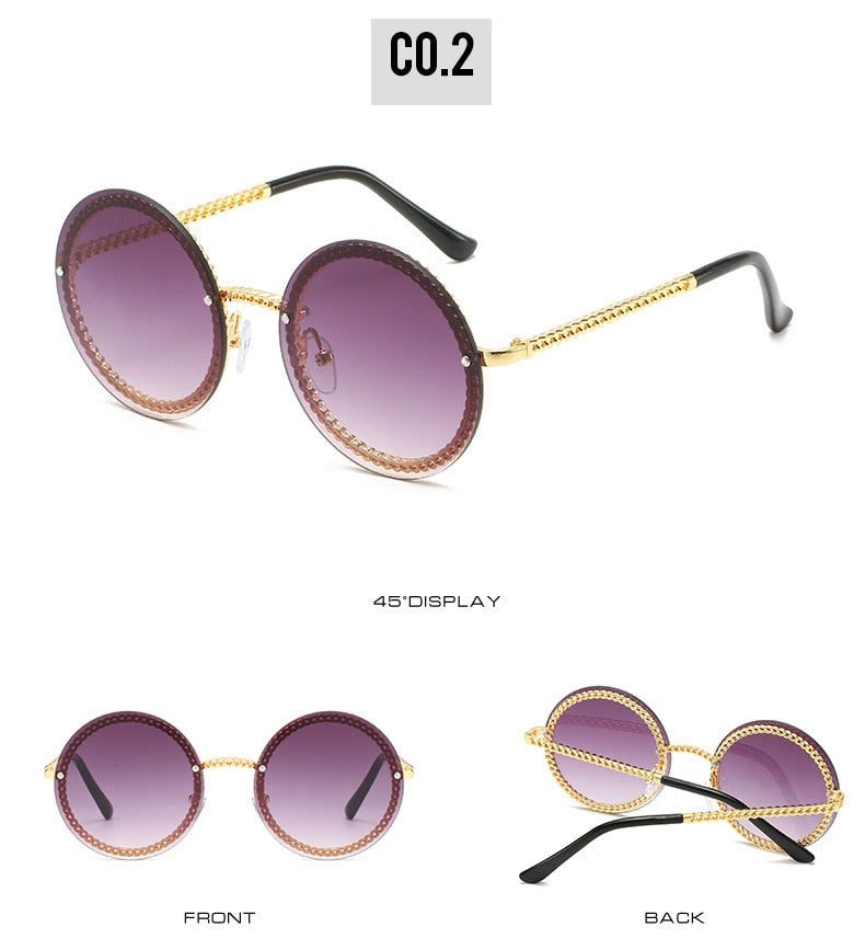  Women's Luxury Round Designer Rimless Sunglasses with Pearl Chain - Women Sunglasses - DYAVOR® 