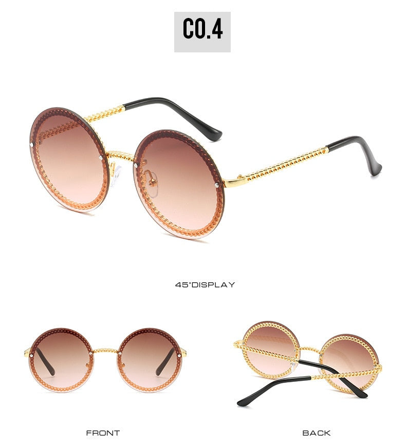  Women's Luxury Round Designer Rimless Sunglasses with Pearl Chain - Women Sunglasses - DYAVOR® 