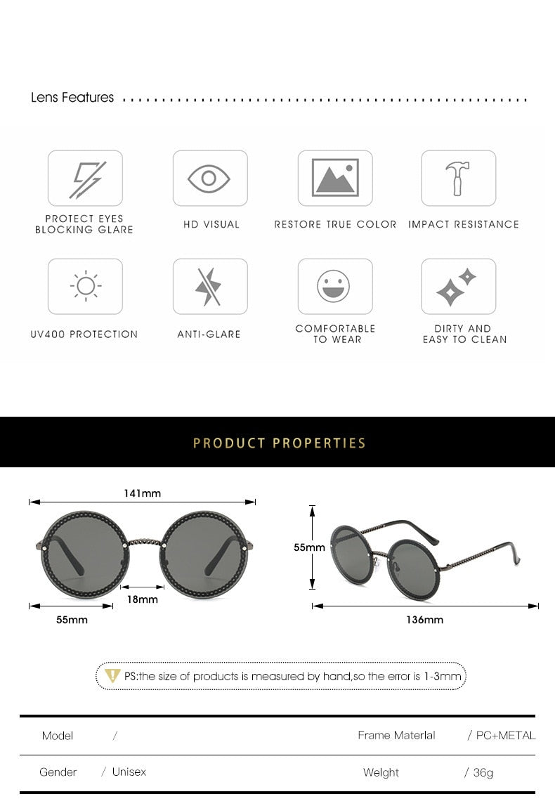  Women's Luxury Round Designer Rimless Sunglasses with Pearl Chain - Women Sunglasses - DYAVOR® 