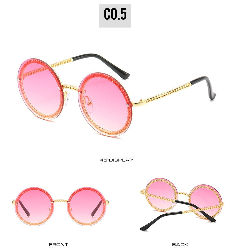  Women's Luxury Round Designer Rimless Sunglasses with Pearl Chain - Women Sunglasses - DYAVOR® 