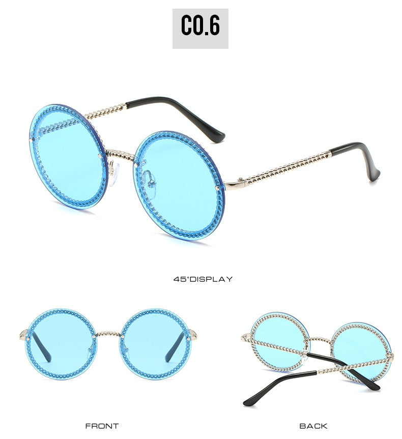  Women's Luxury Round Designer Rimless Sunglasses with Pearl Chain - Women Sunglasses - DYAVOR® 