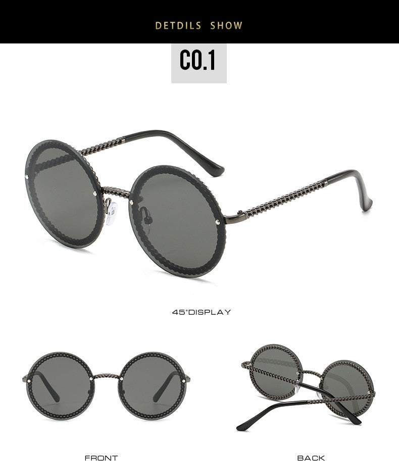  Women's Luxury Round Designer Rimless Sunglasses with Pearl Chain - Women Sunglasses - DYAVOR® 