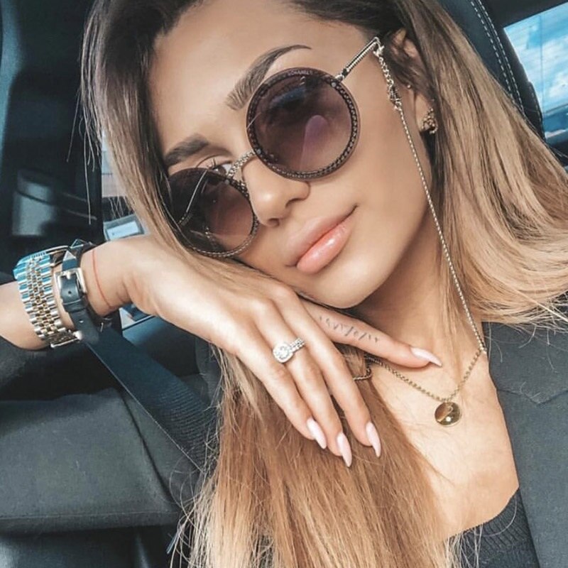  Women's Luxury Round Designer Rimless Sunglasses with Pearl Chain - Women Sunglasses - DYAVOR® 