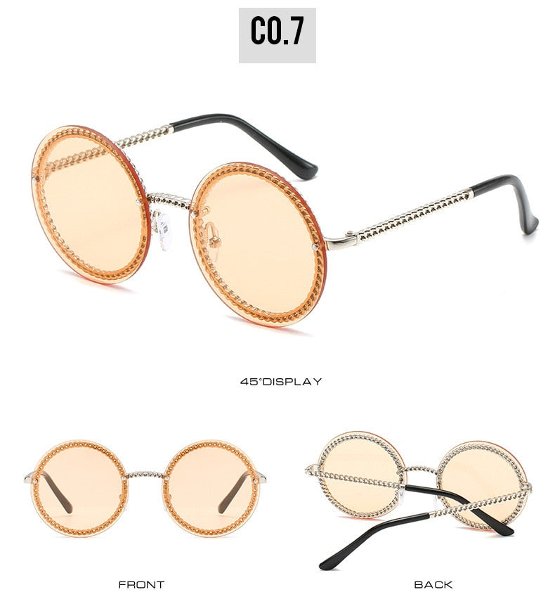  Women's Luxury Round Designer Rimless Sunglasses with Pearl Chain - Women Sunglasses - DYAVOR® 