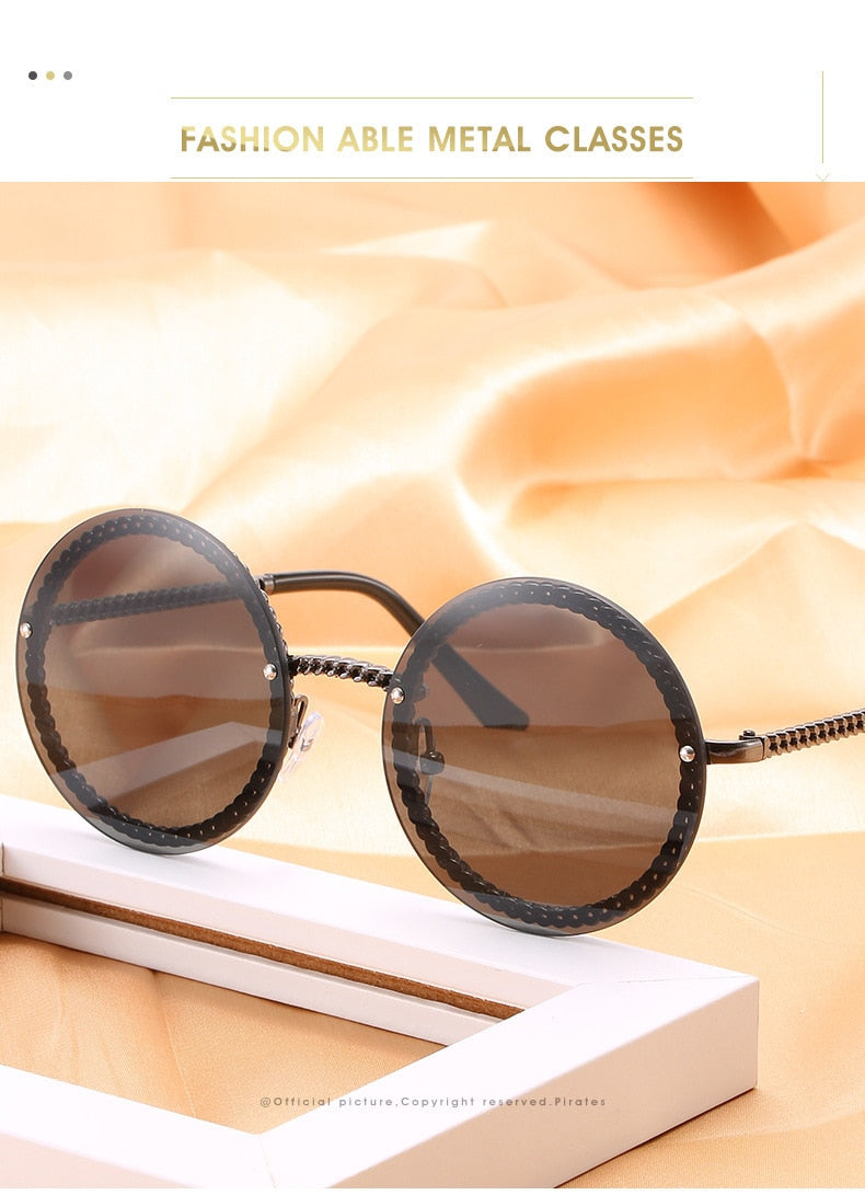  Women's Luxury Round Designer Rimless Sunglasses with Pearl Chain - Women Sunglasses - DYAVOR® 