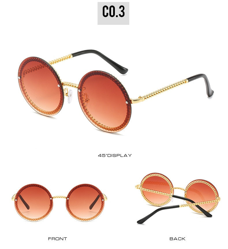  Women's Luxury Round Designer Rimless Sunglasses with Pearl Chain - Women Sunglasses - DYAVOR® 