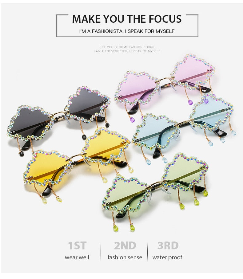  Women's Crystal Rhinestone Clouds Shape Tassel Rimless Sunglasses - Women Sunglasses - DYAVOR® 
