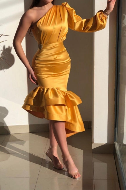  Yellow Gorgeous One Shoulder Mermaid Prom Dresses with Ruffle - Prom Dresses - DYAVOR® 
