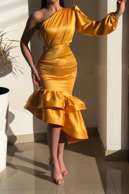  Yellow Gorgeous One Shoulder Mermaid Prom Dresses with Ruffle - Prom Dresses - DYAVOR® 