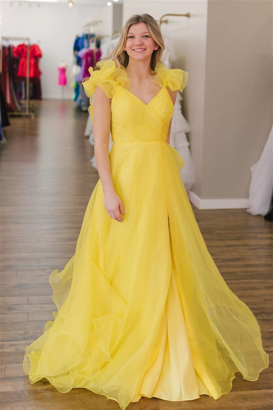  Yellow Surplice Ruffle Straps Tulle Long Prom Dress with Slit - prom dress - DYAVOR® 