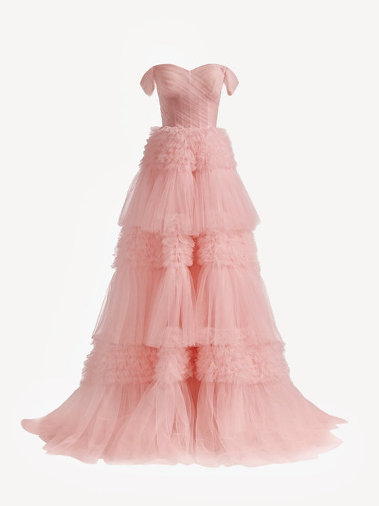  Zariah | Blush Princess A line Off Shoulder Ruffled Tulle Prom Dress - Prom Dress - DYAVOR® 