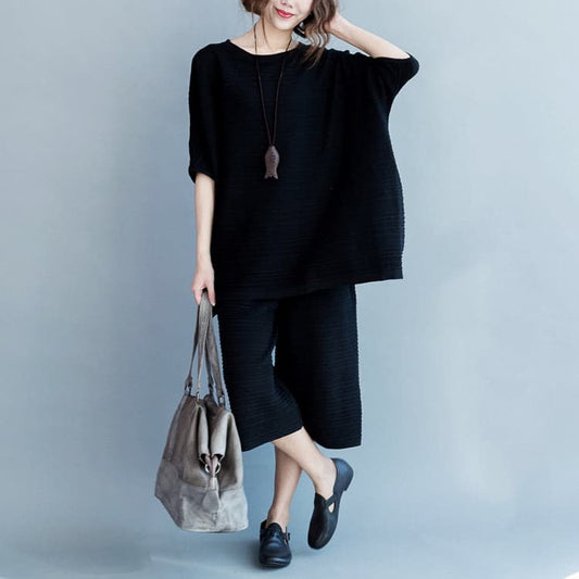 Stylish black cotton thin sweaters and casual wide leg pants knit two pieces