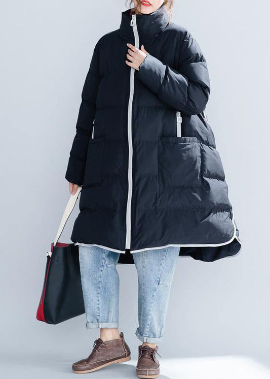  Black cotton jacket trendy plus size stand collar zippered Warm pockets thick winter cotton coats -  - DYAVOR® 