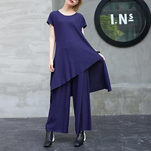 New fashion cotton two pieces casual asymmetric hem tops and elastic waist wide leg pants