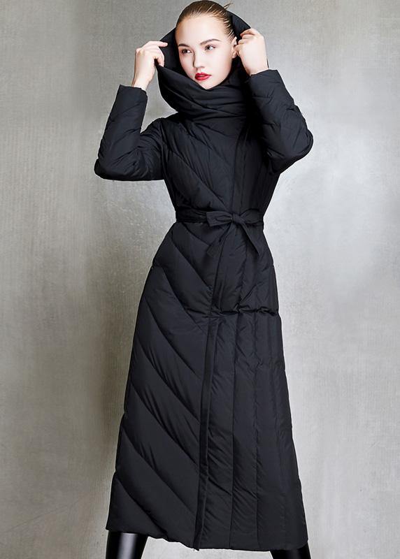  Loose fitting womens parka hooded winter outwear black  tie waist down coat winter -  - DYAVOR® 