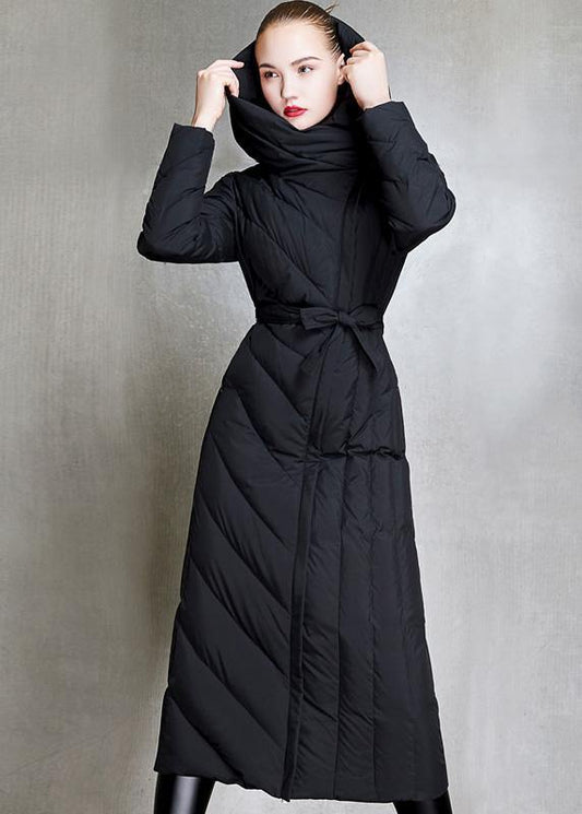  Loose fitting womens parka hooded winter outwear black  tie waist down coat winter -  - DYAVOR® 