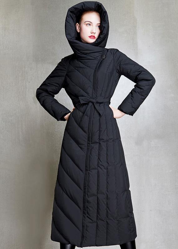  Loose fitting womens parka hooded winter outwear black  tie waist down coat winter -  - DYAVOR® 