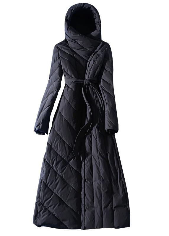 Loose fitting womens parka hooded winter outwear black  tie waist down coat winter -  - DYAVOR® 