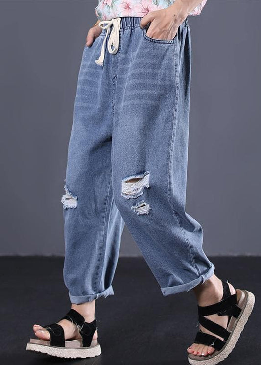 New denim blue plus size pants elastic waist drawstring ripped Jeans