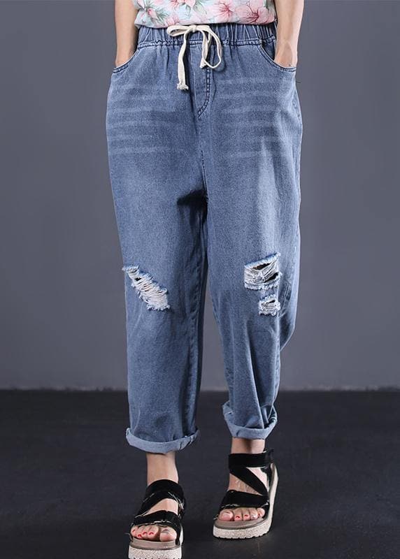 New denim blue plus size pants elastic waist drawstring ripped Jeans