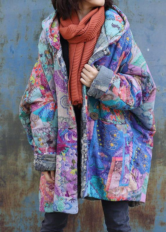  Purple prints overcoat oversized warm winter coat hooded patchwork overcoat -  - DYAVOR® 