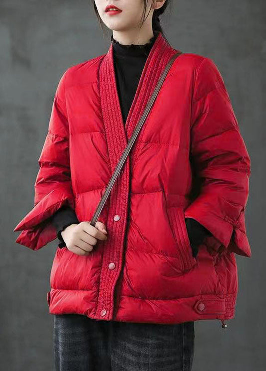  Red  V Neck Button Thick fashion Winter Duck Down Jackets - Down Jackets - DYAVOR® 