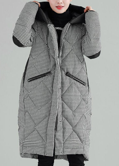 Luxury Plus Size Clothing Outwear Black Plaid Hooded Pockets Zippered Parkas -  - DYAVOR® 